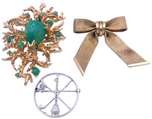 A Christian Dior 1964 mesh bow brooch, a Panette gold plated and faux jade Aquatic Life brooch,...