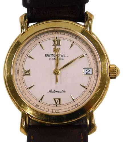 A Raymond Weil gentleman's gold plated wristwatch, circular pink blush dial, bearing Roman...