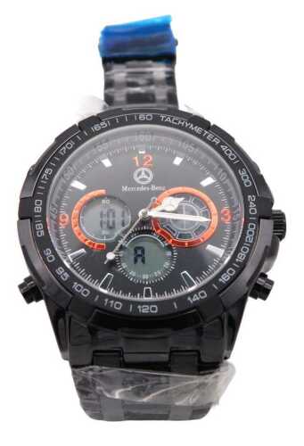 A Mercedes-Benz quartz chronograph analogue wristwatch, with a black case and dial, centre...