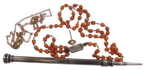 A Chinese coral necklace, on a silver filigree clasp, a curb link neck chain, single cultured...