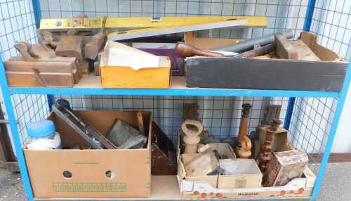 A Stanley No. 50 plane, boxed, together with moulding planes, a London pattern turnscrew saw,...