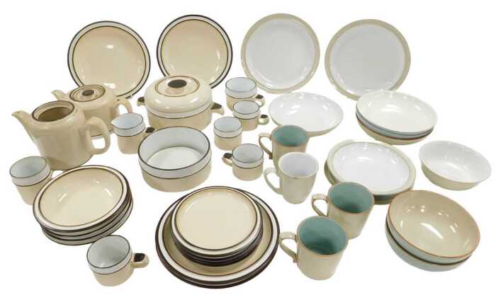 A group of Denby pottery two tone dinner and tea wares, including a casserole dish and cover,...