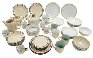 A group of Denby pottery two tone dinner and tea wares, including a casserole dish and cover,...