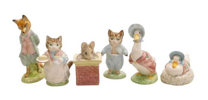 Six Royal Albert Beatrix Potter figures, modelled as Foxy Whiskered Gentleman, Jemima...