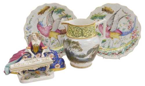 A pair of late 19thC Samson Chelsea porcelain plates, painted with birds, gold anchor marks,...