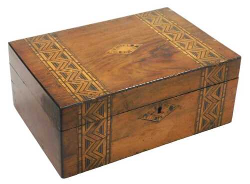 A Victorian Tunbridgeware walnut and inlaid fish canteen box, with three red velvet lined trays,...