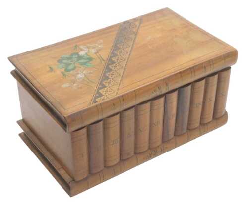 An early 20thC Italian Sorrentoware inlaid puzzle box, of stacked book form, with painted floral...