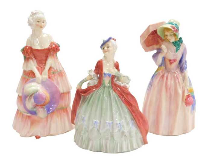 Three Royal Doulton figures, modelled as Vernoica HN1517, Miss Demore HN1402, and Sibell HN1668.