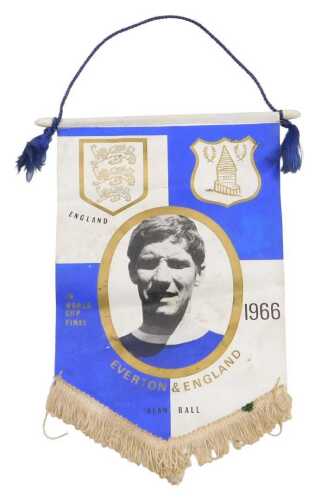 An England World Cup 1966 pennant, for Alan Ball, Everton and England, 27cm high.