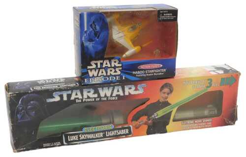 A Star Wars Episode 1 Naboo Starfighter, Action Fleet, featuring Anakin Skywalker, together with...