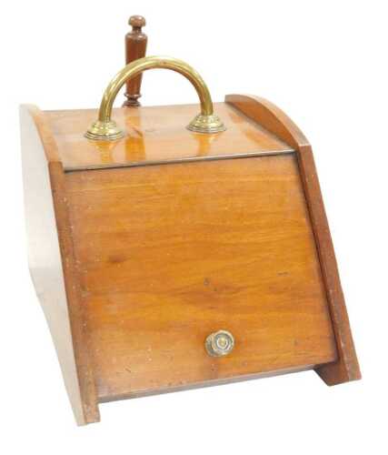 A Victorian mahogany coal box, with a brass up and over handle, and shovel, 31cm wide, 43cm deep.