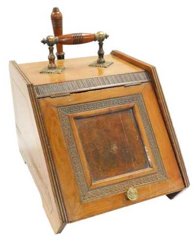 A Victorian mahogany coal box, with a brass and turned wooden carrying handle, and shovel, 32cm...