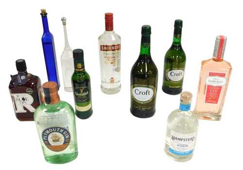Spirits and liqueurs, including strawberry gin, Plymouth gin, Glenfiddich Single Malt Scotch...