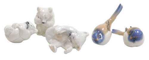 Three Royal Copenhagen porcelain figures, modelled as polar bear cubs, in varying poses,...