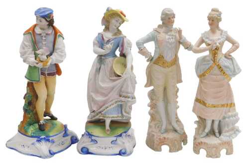 A pair of late 19thC French bisque porcelain figures, of a gallant and lady, the gallant...