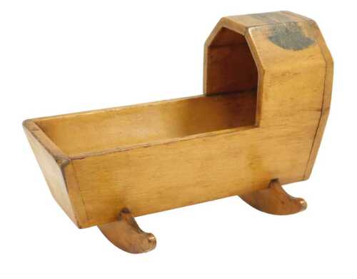 A 19thC Mauchlineware carved wooden cradle, printed with a view of Eaton Hall, Chester, 11.5cm...