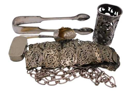 A Victorian silver perfume bottle holder, with pierced and embossed foliate decoration, vacant...
