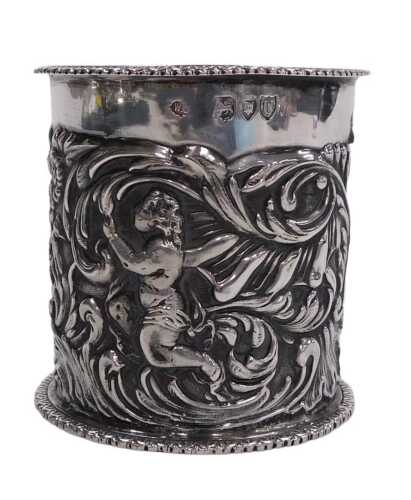 A Victorian silver holder, embossed with cherubs, flowers and rococo scrolls, London 1895,...