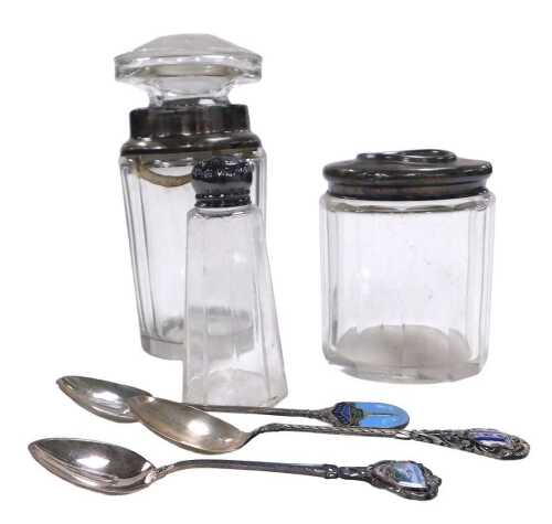 A George V cut glass and silver lidded hair tidy, Birmingham 1911, an Edward VII cut glass jar...