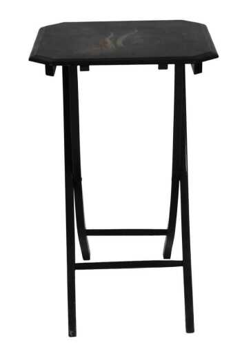A 19thC black lacquer folding occasional table, the canted square top decorated with birds and...