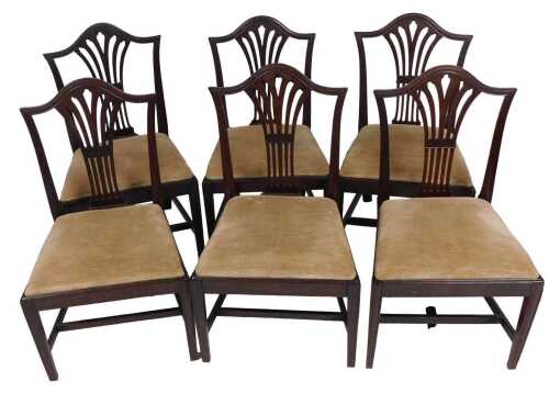 A set of six George III style mahogany dining chairs, each with a pierced vase shaped splat,...