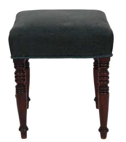 A 19thC mahogany stool, the square seat upholstered in turquoise fabric with rope twist borders,...