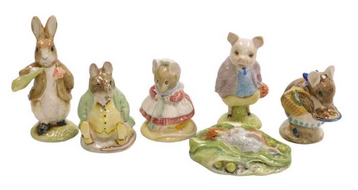 Six Royal Albert Beatrix Potter figures, comprising Benjamin Ate a Lettuce Leaf, Samuel Whiskers,...