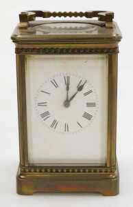 A late 19thC brass carriage clock, rectangular white dial bearing Roman numerals, twin barrel... - 2