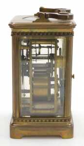 A late 19thC brass carriage clock, rectangular white dial bearing Roman numerals, twin barrel... - 3
