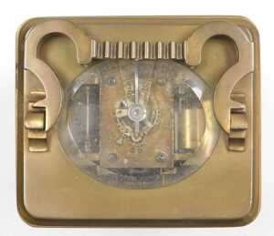 A late 19thC brass carriage clock, rectangular white dial bearing Roman numerals, twin barrel... - 4