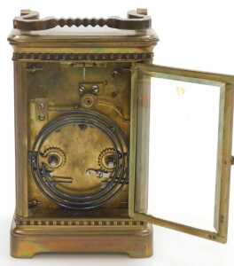 A late 19thC brass carriage clock, rectangular white dial bearing Roman numerals, twin barrel... - 5