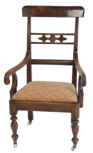 A 19thC mahogany open armchair, with a bar back, drop in seat, upholstered in coral coloured...
