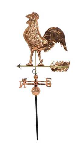 A copper and brass weather vane, the top mounted with an embossed cockerel, on an ebonised iron...