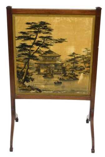 An Edwardian mahogany fire screen, with boxwood line inlay, the central panel printed with a...