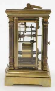 A late 19thC serpentine fronted brass cased carriage clock, circular enamel dial with blue Roman... - 3