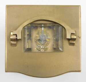 A late 19thC serpentine fronted brass cased carriage clock, circular enamel dial with blue Roman... - 4