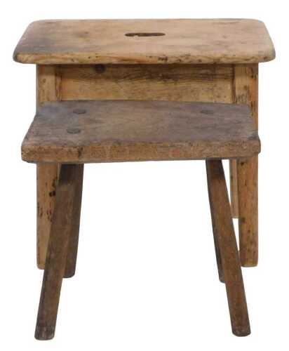 A 19thC country made elm stool, with rectangular top and chamfered legs, 36cm high, 38cm wide,...