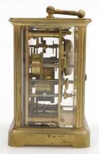 A late 19thC brass alarm carriage clock, rectangular fascia with circular enamel dial bearing... - 3