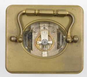 A late 19thC brass alarm carriage clock, rectangular fascia with circular enamel dial bearing... - 4