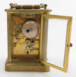 A late 19thC brass alarm carriage clock, rectangular fascia with circular enamel dial bearing... - 5