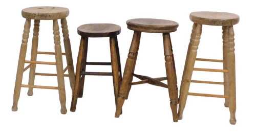 A pair of late 19th/early 20thC oak workshop stools, each with an oval top and turned legs, 55cm...