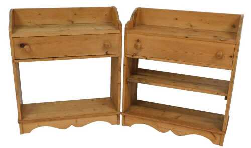 A pair of pine side cabinets, each with a raised back and a frieze drawer, on bracket feet,...