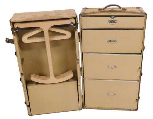 A velum upholstered Watajoy cabin wardrobe trunk, with hanging side and opposing drawers, 47cm...