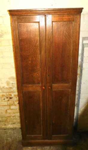 An oak narrow cupboard, with two panelled doors, enclosing adjustable shelves, on a plinth,...