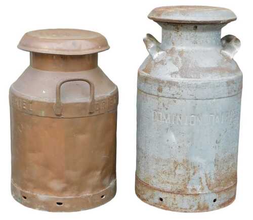 A copper milk churn, stamped Oried Milk Lostwithiel to the side, the top stamped Trowbridge,...