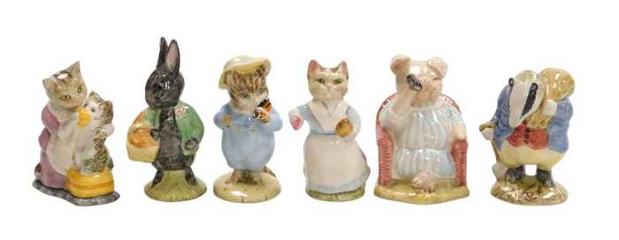 Six Beswick Beatrix Potter figures, comprising Little Pig Robinson Spying, Tom Kitten &...
