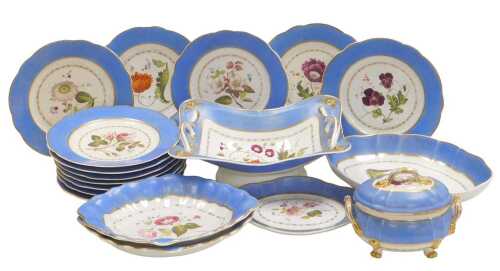 An early 19thC Bloor Derby porcelain part dessert service, painted with botanical specimens,...