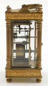 A late 19thC brass cased carriage clock, rectangular enamel dial bearing Roman numerals, single... - 3