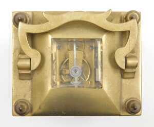 A late 19thC brass cased carriage clock, rectangular enamel dial bearing Roman numerals, single... - 4