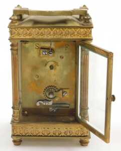 A late 19thC brass cased carriage clock, rectangular enamel dial bearing Roman numerals, single... - 5